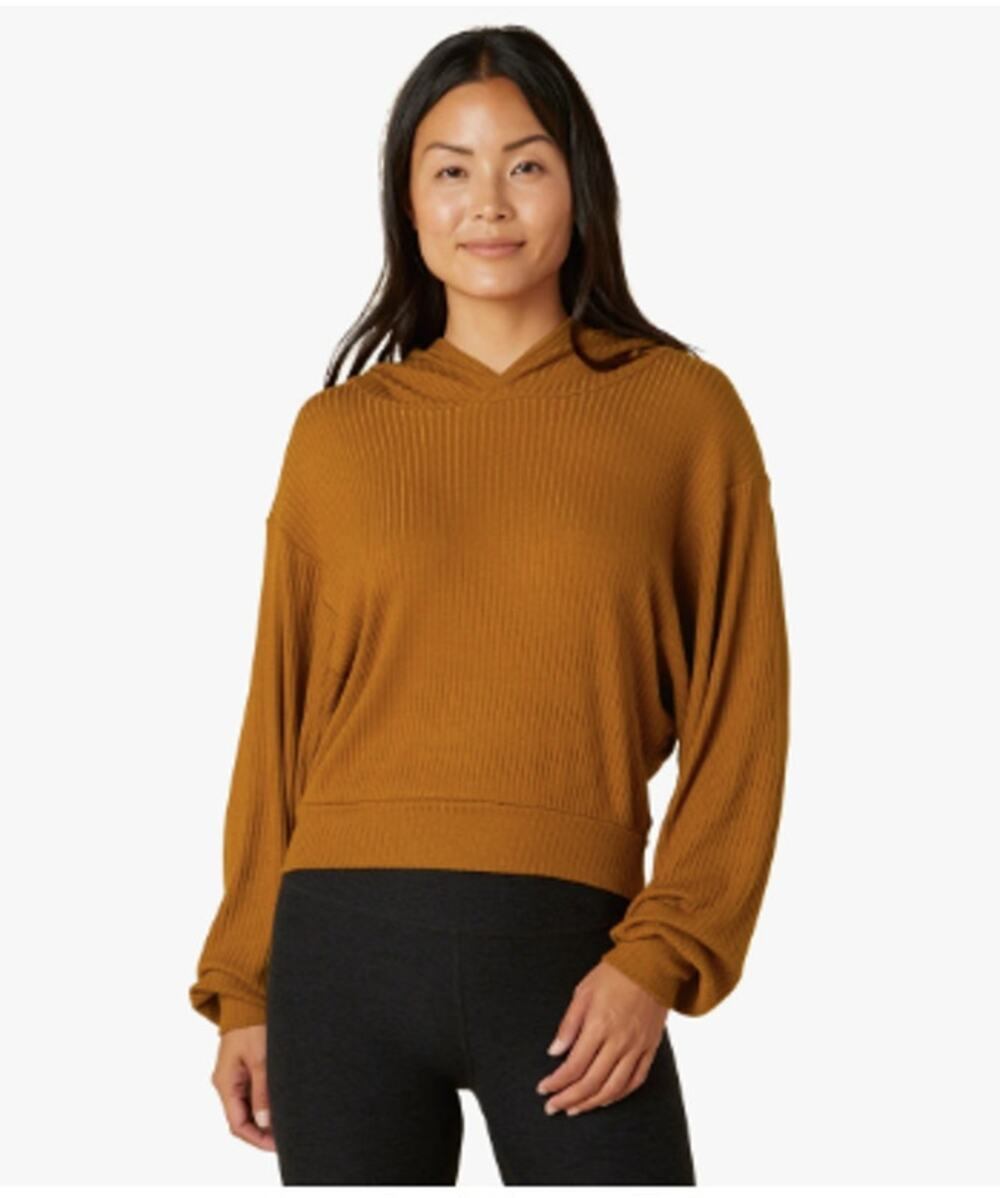 BEYOND YOGA Ribbed Rust Hooded Cropped Sweatshirt // XS